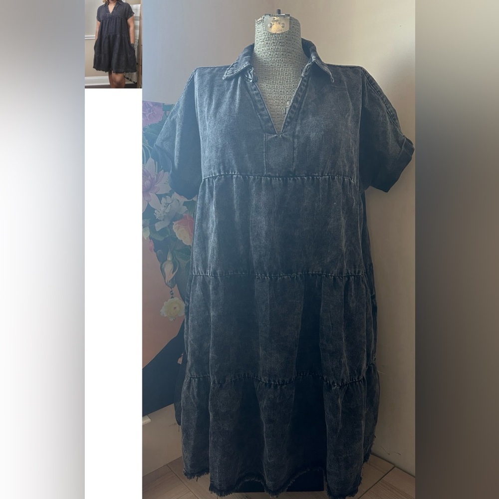 BERRY BOUJEE RAW EDGE BLACK DENIM WASH TIERED DRESS 2XL. EASY, VERSATILE, FLOWY